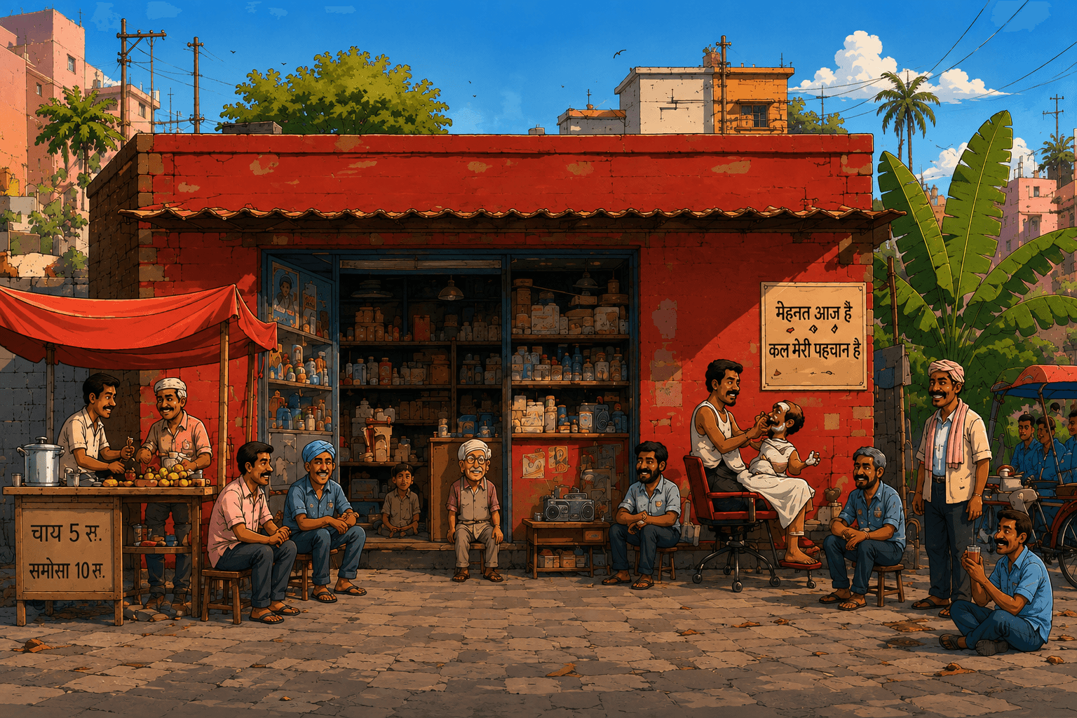 Illustrated Indian labour chowk street scene: a red-brick tea stall with a samosa/chai counter, a street barber, workers sitting and talking, a bicycle, banana trees, and rooftops under a blue sky